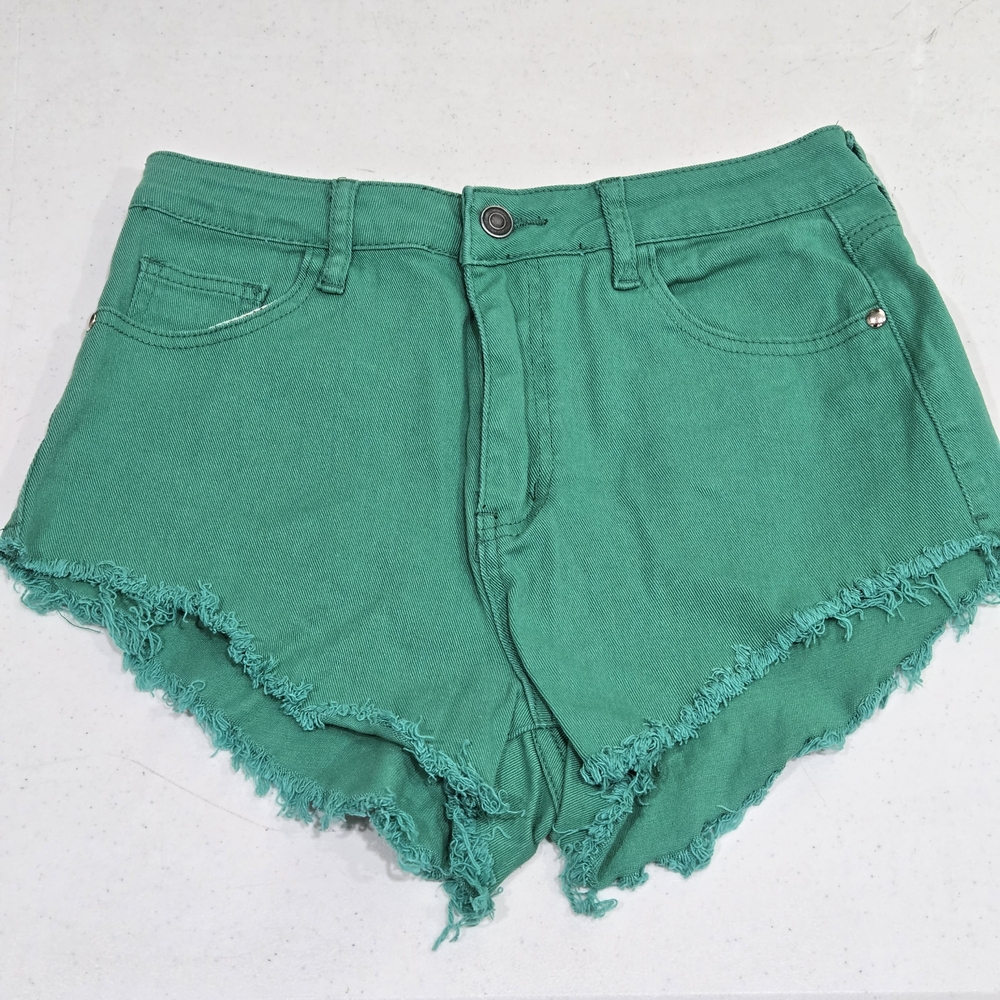 Fashion Nova Green High-Rise Frayed Denim Shorts